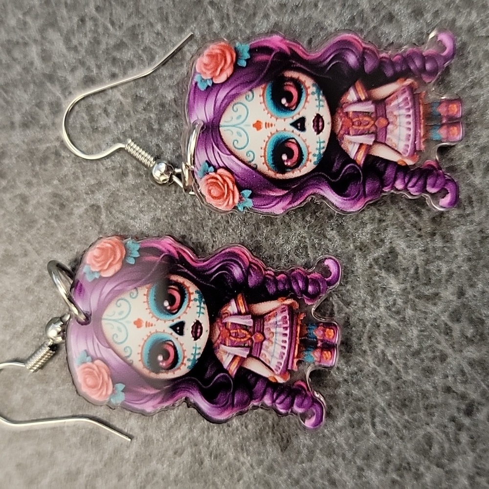 Purple and Pink Sugar Skull Earrings